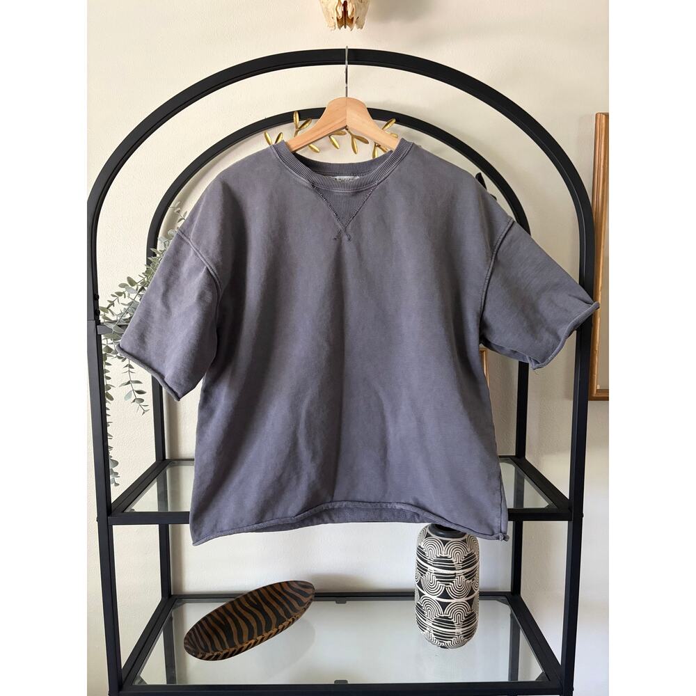 Zara Washed Gray Short Sleeve Sweatshirt Women Small Boxy Oversized Crewneck